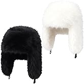 Mepase 2 Pack Faux Fur Hat for Women Fuzzy Warm Ushanka Hat Winter Fluffy Supplies for Ladies(Black and White)