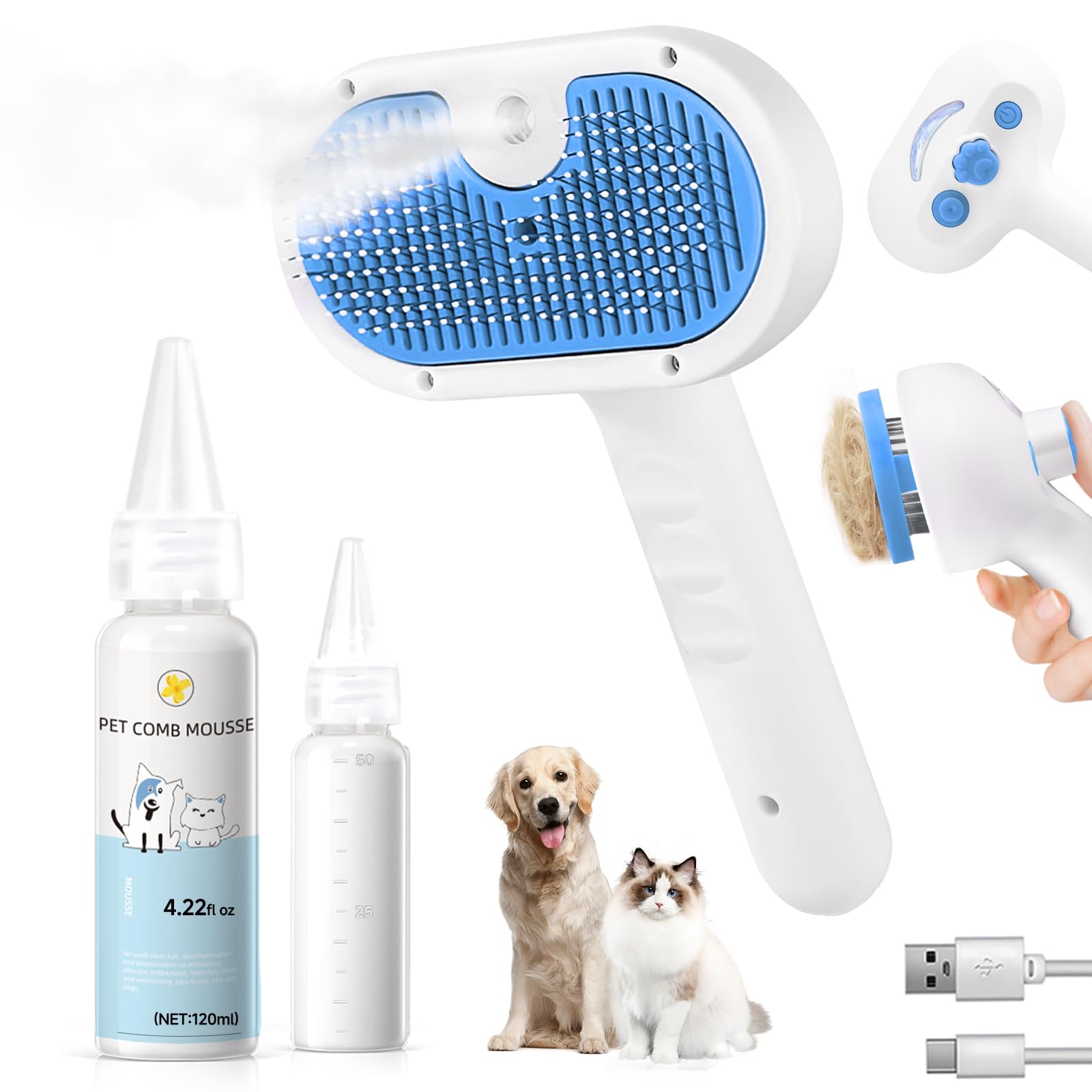Photo 1 of Pet Steam Brush for Dog & Cat - 3-in-1 Steam Grooming Brush for Shedding & Hair Removal - Self Cleaning Spray Comb with Mist for Long Haired Pets - Includes 1*Waterless Shampoo, Blue.