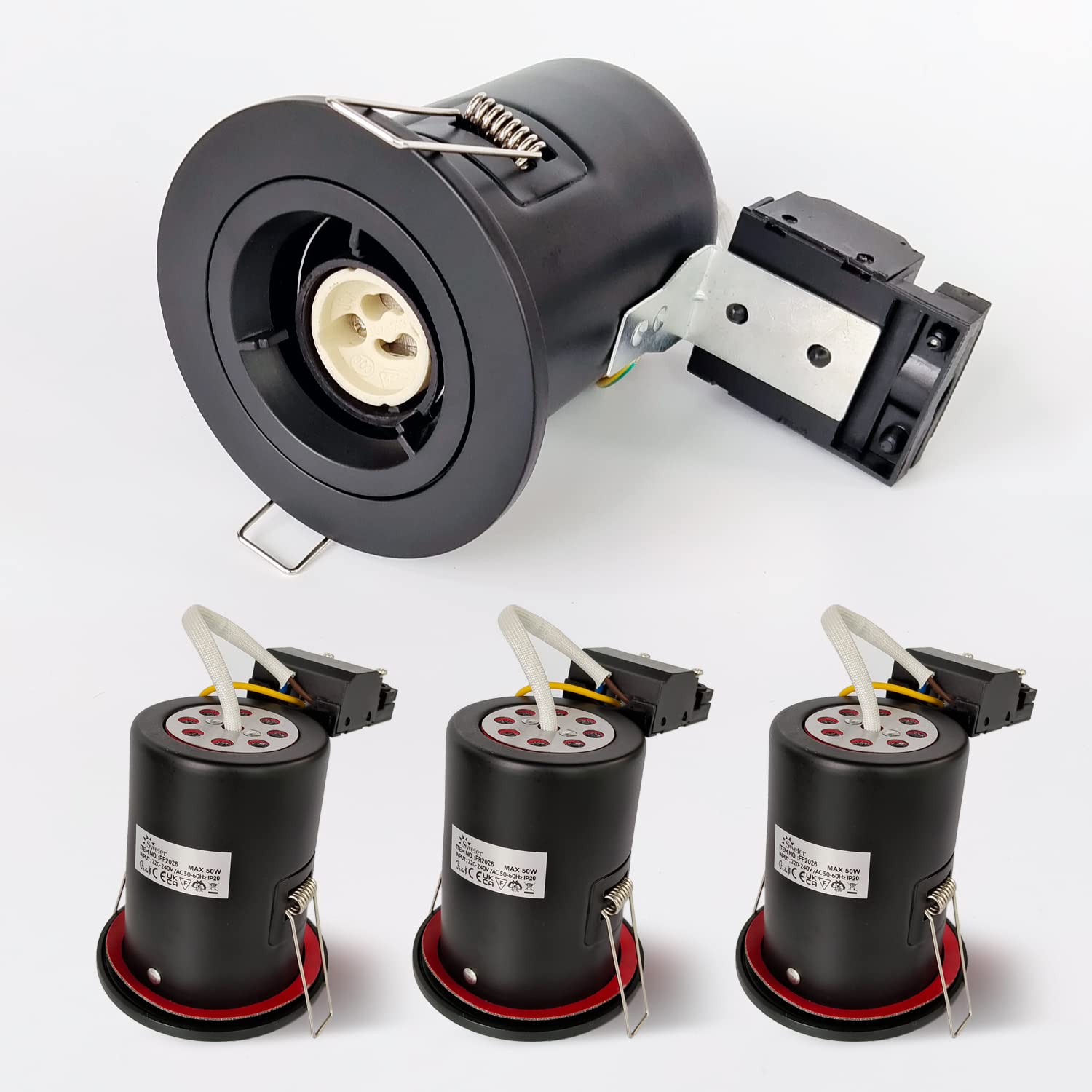 4XSweier 90 Minute IP20 Fire Rated LED Recessed Downlight,Black Ceiling Spotlight, Recessed Spotlight with GU10 Junction Box (Bulbs not Included)