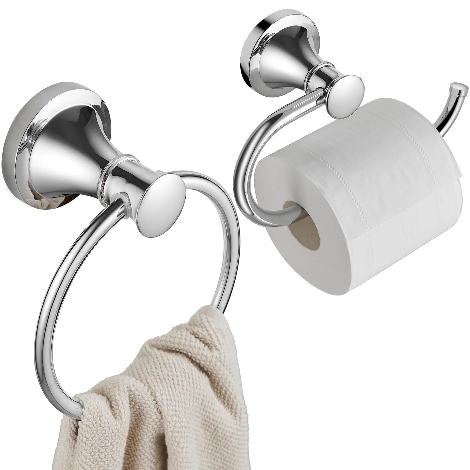 Photo 1 of Hoimpro Polished Chrome Towel Ring Toilet Paper Holder Set, 2 PCS Wall Mounted Bathroom Hardware Fixture Toilet Roll Tissue Holder, Hand Towel Bar Towel Rack Bathroom Accessories Set