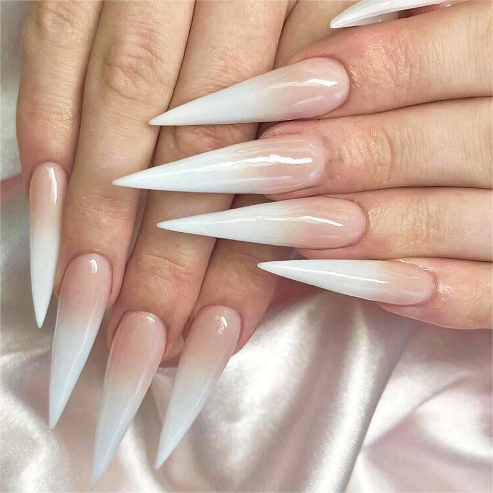 Long Press on Nails Stiletto Fake Nails Extra Long False Nails French Tip Glue on Nails Gradient Acrylic Nails Pink to White Press Ons Point Stick on Nails for Women and Girls 24 Pcs