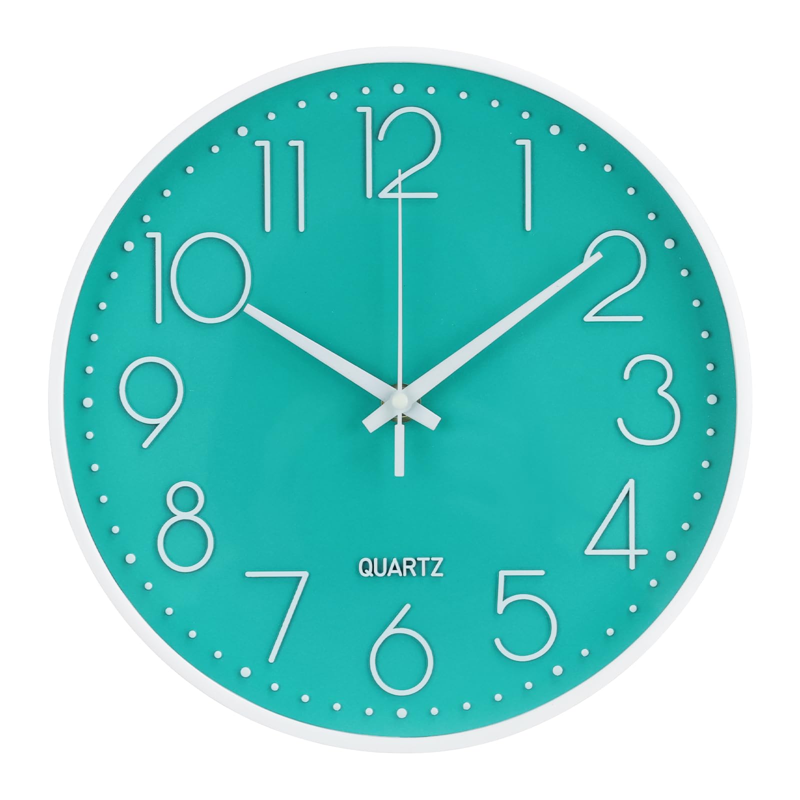 bakbrand Wall Clock Non-Ticking Silent Modern Simple Style Round Decor Clock Stereoscopic Dial Quartz Wall Clocks for Home/Office/School/Living Room/Bedroom/Kitchen (Turquoise, 12inch)