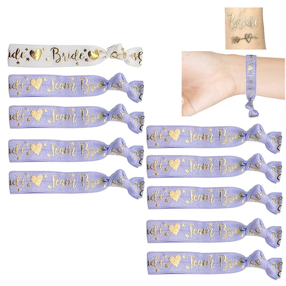 12 Piece Hen Wristband and Tattoo Set - Bride and Team Bride Bachelorette Bracelet for Wedding Celebration (Purple)