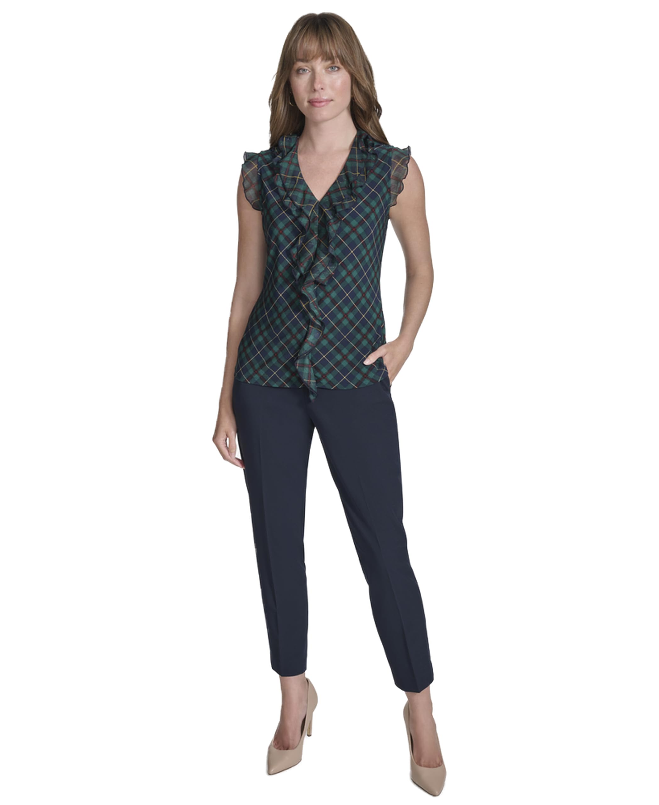 Tommy Hilfiger Womens Women’s Mixed Media Blouse, Midnight/Forest, Medium