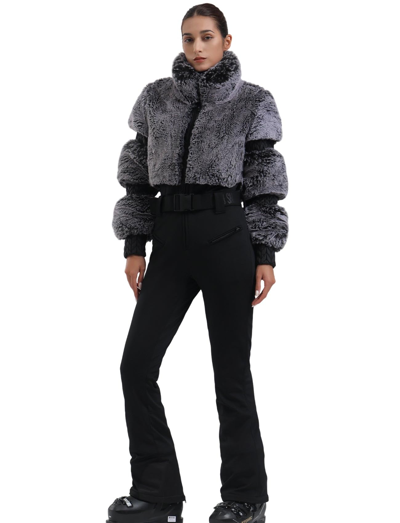 Photo 1 of GSOU SNOW Women Ski Suit One Piece Snowsuit Snowboard Faux Fur Collar Slim Jumpsuit Jacket Insulated Windproof Outdoor Winter Grey XL