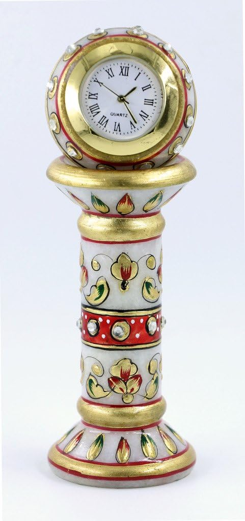 Style Souk Decorative Showpiece Table Clock/Watch Rajasthani Traditional Handicraft Marble Analog Pillar