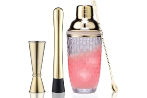 FayuuGem Cocktail Shaker Set - Includes Measuring Jigger, Mixing Spoon and Muddler with 13oz Glass Martini Shaker Bottle Stai