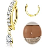 Masedy 14G G23 Titanium Clicker Belly Button Ring for Women - Teardrop CZ Dangle Curved Reverse Barbell Navel Piercing - Hypoallergenic Jewelry