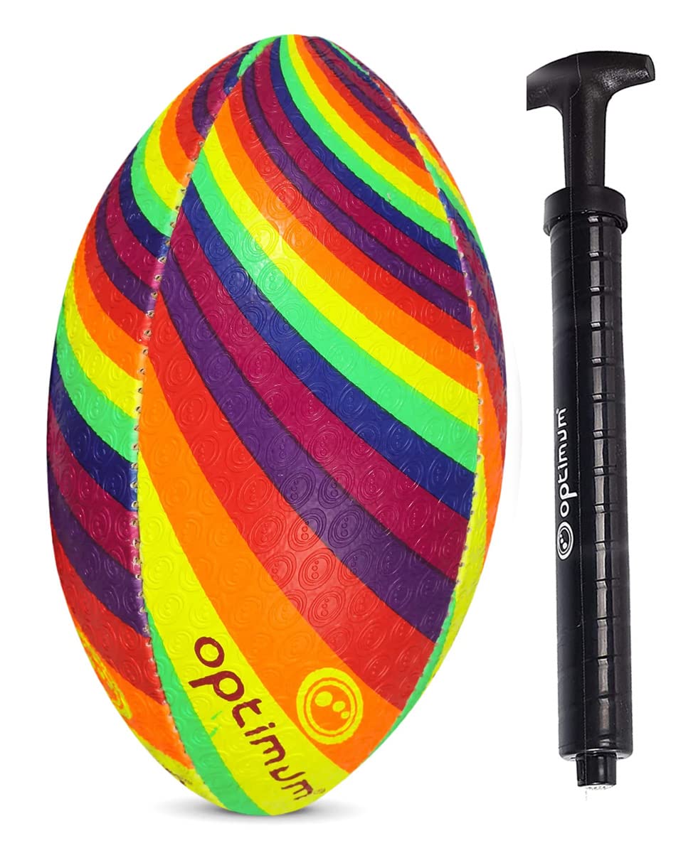Optimum Rainbow Twister Rugby Ball - Balanced and Responsive for Accurate Handling and Kicking of Top-Performing Rugby Balls - Perfect for Training and Gameplay - 2-Ply 410g Ball - Size 4 - With Pump โ image 1