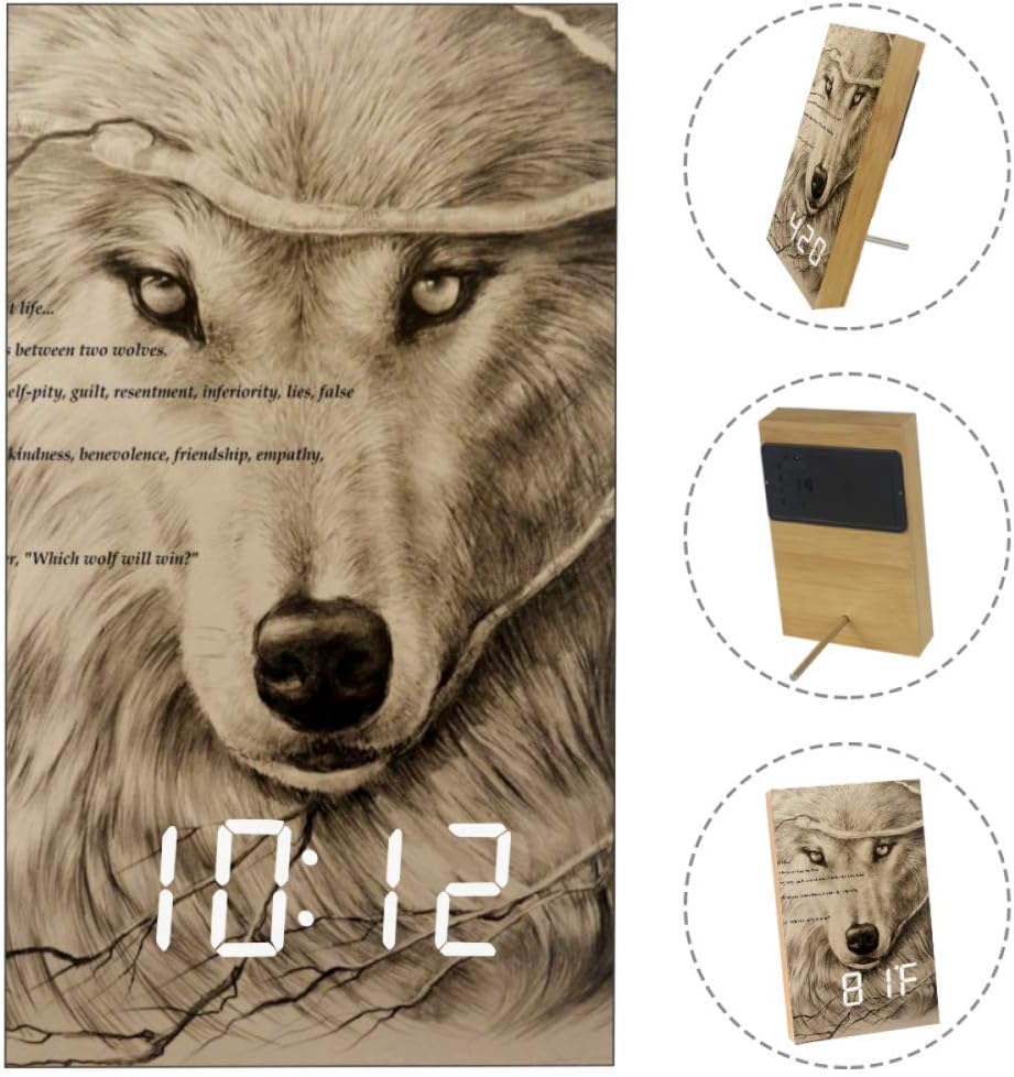 imobaby Wolf Cherokee Pattern Art Decoration Wood Fashion Multi-Function LED Digital Alarm Clock with Sound Control Function,Timer, Thermometer