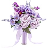 Floinla Lavender Purple Wedding Bouquets for Bride Bridesmaid Artificial Roses Flowers Lilac Bridal Bouquet for Rustic French Vintage Formal Wedding Church Home Decoration