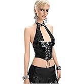WDIRARA Women's PU Leather Lace Up Halter Top Grommet Buckle Cut Out Goth Rock Y2K Tank Tops