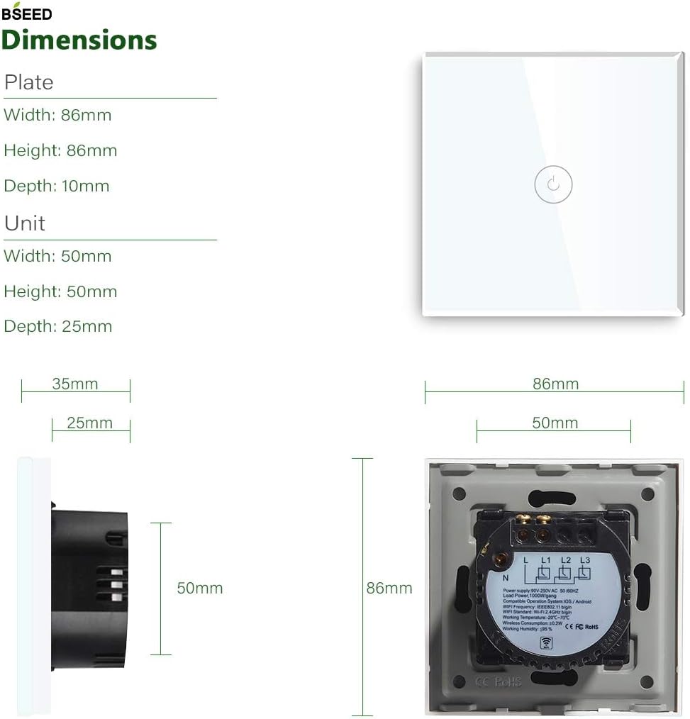 BSEED Smart Light Switch,Touch Switches for Lights,Glass Panel with Backlit,Works with Alexa & Google Assistant,Neutral Wire Required,1 Gang 1 Way,86mm White - Image 5