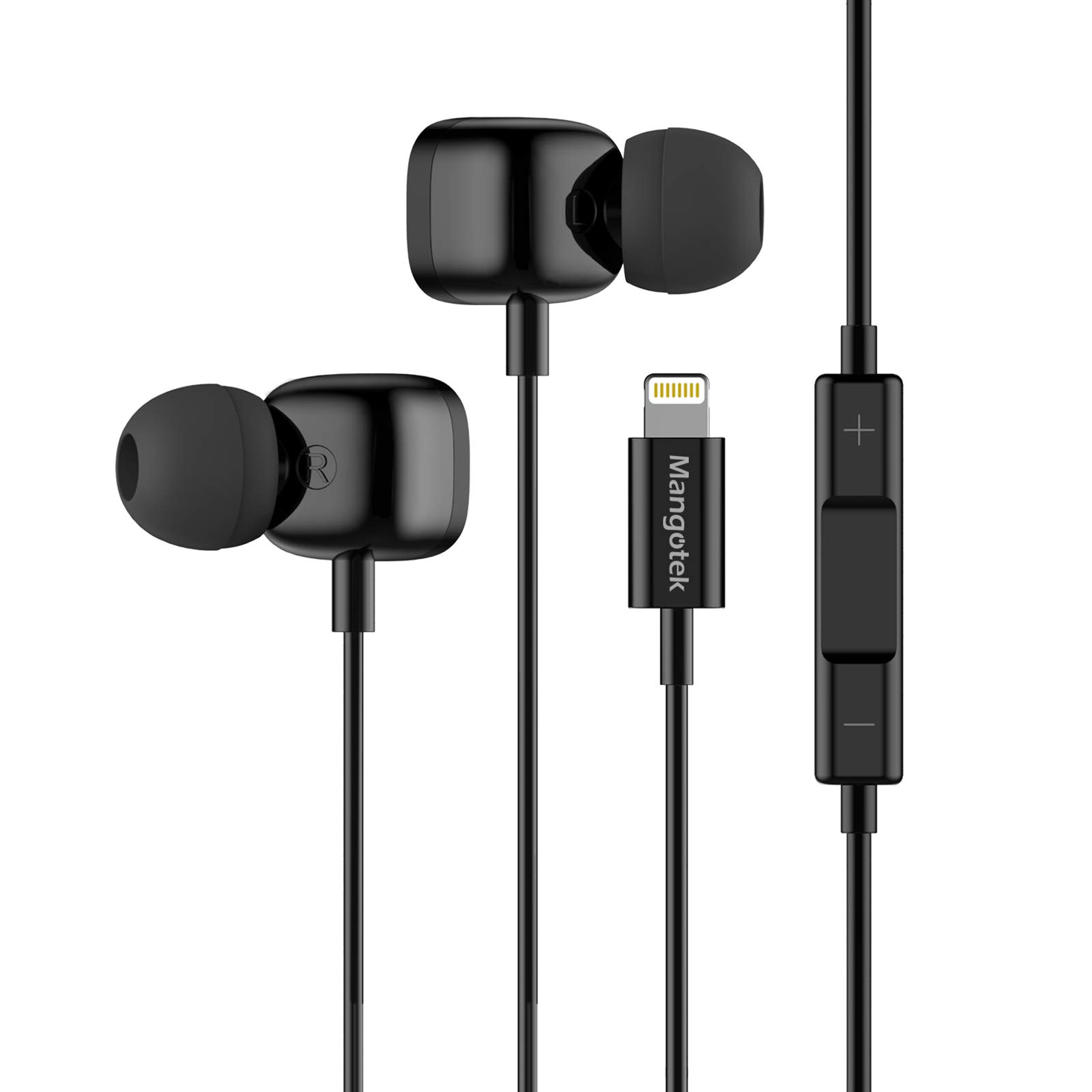 Mangotek iPhone Lightning Earbuds, MFi Certified, Wired with Lightning Connector, Black, Compatible with iPhone 14/13/12/11/Pro Max/XR/XS/X/8/7/SE