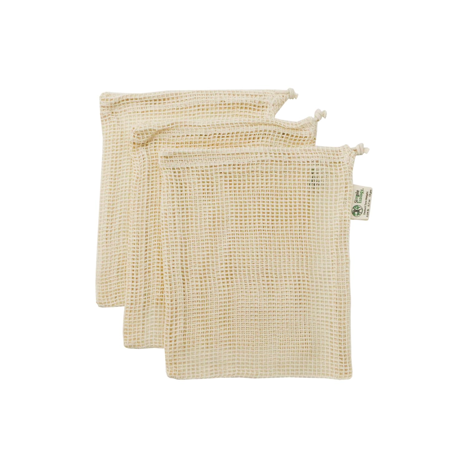 Simple Ecology Reusable Organic Cotton Mesh Grocery Shopping Produce Bags - Small 3 Pack (Heavy Duty, Washable, Produce Saver Bags, Food Storage, Bulk bin, Tare Weight tag, Drawstring)