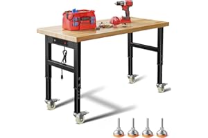 FLAWNT 48" Adjustable Work Bench,Heavy Duty Garage Work Bench Table,Hardwood Top 2000 LBS Load Worktable,Rolling Mobile Workbench with Power Strip for Workshop Office Home