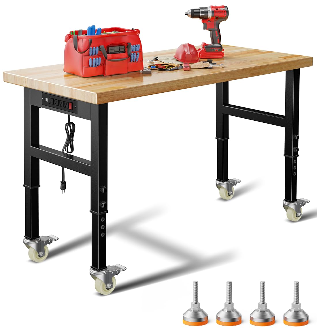 Photo 1 of 48" Adjustable Work Bench,Heavy Duty Garage Work Bench Table,Hardwood Top 2000 LBS Load Worktable,Rolling Mobile Workbench with Power Strip for Workshop Office Home