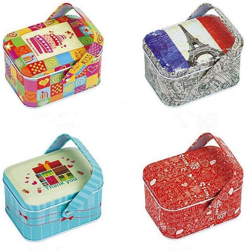 Leyoubei 4.25x3" Seal Metal Card case Small Square Storage Tea Coffee cans Decorative Boxes durable Bulk Food Storage Food Tins(Have a handle) home kitchen Portable colorful 4 pack