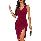 oten 2025 Women's Sexy V Neck Sleeveless Faux Wrap Sheath Side Slit Ruched Bodycon Cocktail Party Dress