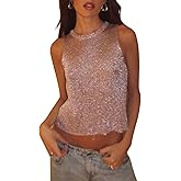 cochineal Y2k Sequin Tank Top for Women Sexy Sleeveless Sparkly Glitter Crop Cami Slim Fit Going Out Party Club Vest Shirt