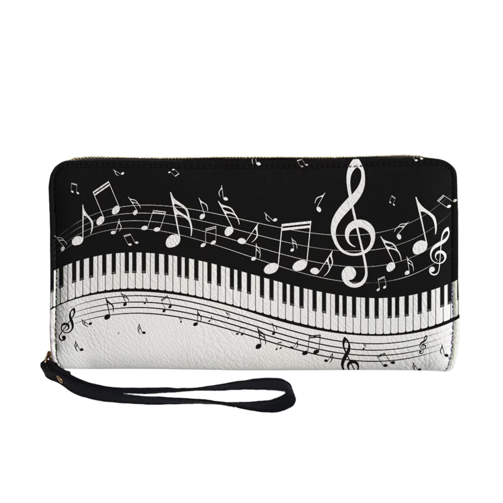 SCRAWLGOD Piano Music Notes Printed PU Leather Wallet Wristlet Clutch Around Zipper Card Holder Purse with Coin Pocket Large Capacity