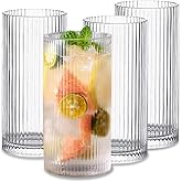 INSETLAN Glass Cups Vintage Glassware Set of 4 Large, Origami Style Transparent Cocktail Glasses Set, Bar Beverages Ice Coffee Cup Juice Ripple Drinkware, 370ml (L)