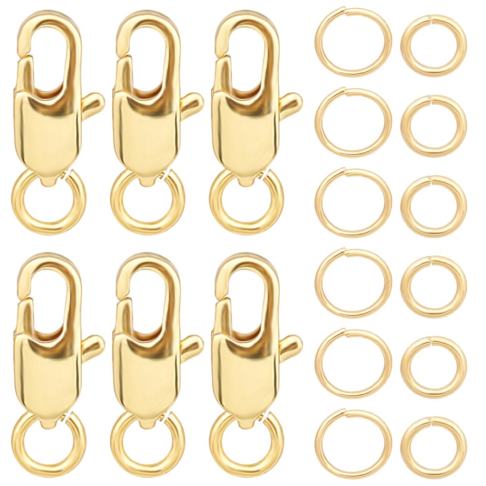 Beebeecraft 1 Box 6Pcs 18K Gold Plated Jewelry Lobster Clasp 0.31x0.16Inch Bracelet Clasps Connector with 12Pcs 4/5mm Open Jump Ring for DIY Craft Jewellery Chains Making Claps