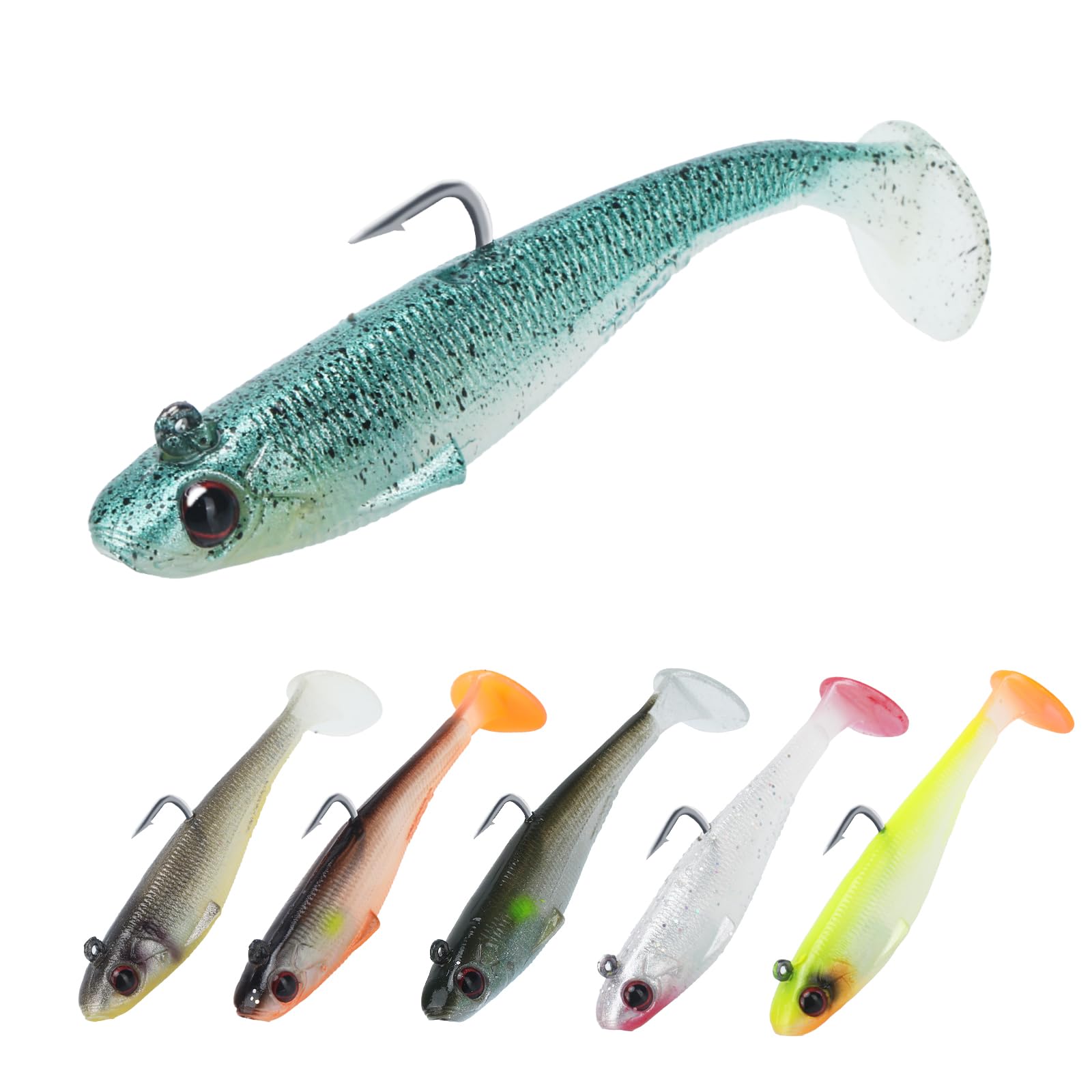6 Pcs Soft Plastic Baits Lures Swimbaits with Hooks and T Tail for Pike Trout, Perch Bass Fishing Jigs Artificial Bait for Saltwater Freshwater Trout Catfish Pike Perch