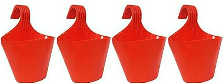 SKYCAP Hanging Hook Flower Pot Plastic Plant Container for Home Garden Office Balcony Lawns Compound and Raillings 4 Pieces(RED Colour) Combo