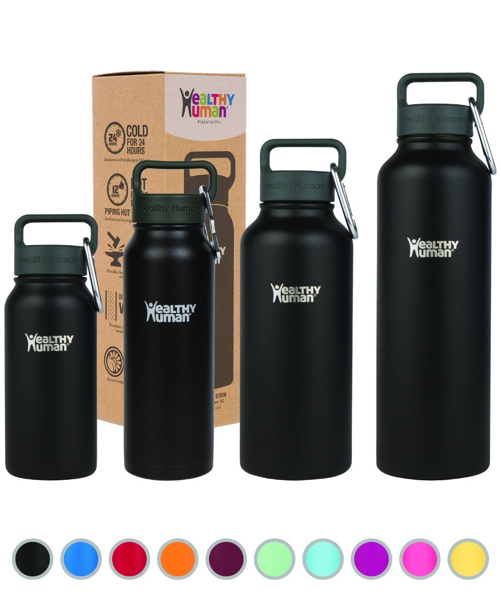 Healthy Human Stainless Steel Insulated Water Bottle Thermos - BPA Free Cap with Hydro Guide & Carabiner Set - Pure Black - 475ml /16oz