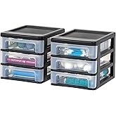 IRIS USA Plastic Stacking Desk Top 3-Drawer Storage Organizer, 2-Pack, for Makeup Vanity Nail Polish Bathroom Stationery Art Craft Supplies Kitchen Office Garage and Small Organization, Small, Black