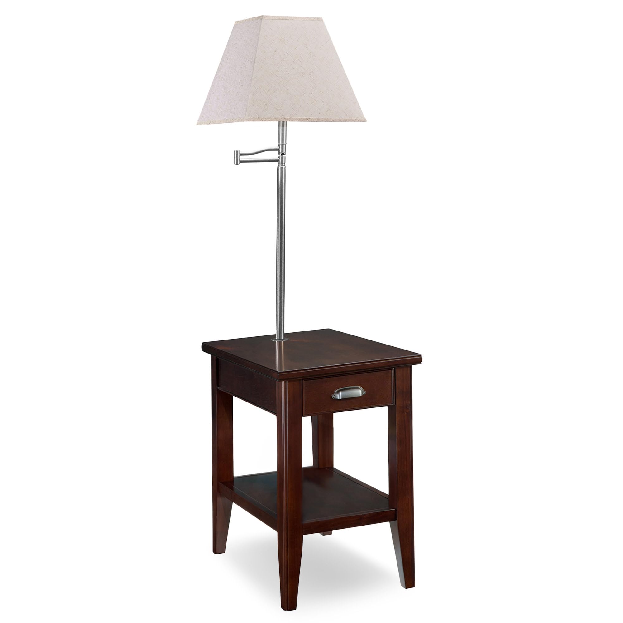 Laurent Solid Wood Side Table with Built-In Swing Arm Lamp and Drawer, Chocolate Cherry Brown, Perfect for Living Rooms, Offices, and Small Spaces – Leick Home, 10537 Image