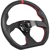 Red Stripe D Shape Racing Steering Wheel Genuine Leather Hand Grip 13.8" | 350mm Universal 6 Bolts Steering Wheel with Aluminum Spoke，Red Stitching，Horn Button