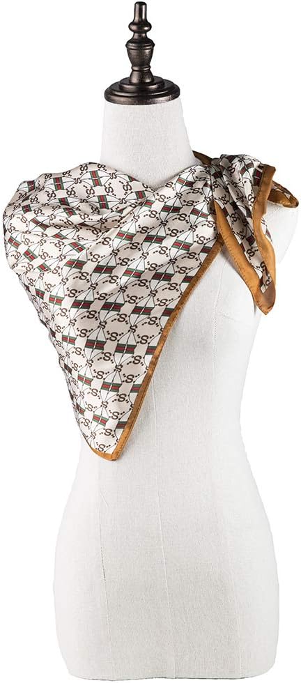 Women's 100% Mulberry Silk Scarf Ladies Fashion Pattern Satin Headscarf Lightweight Floral Shawls Wraps for Wedding (lattices-Khaki)