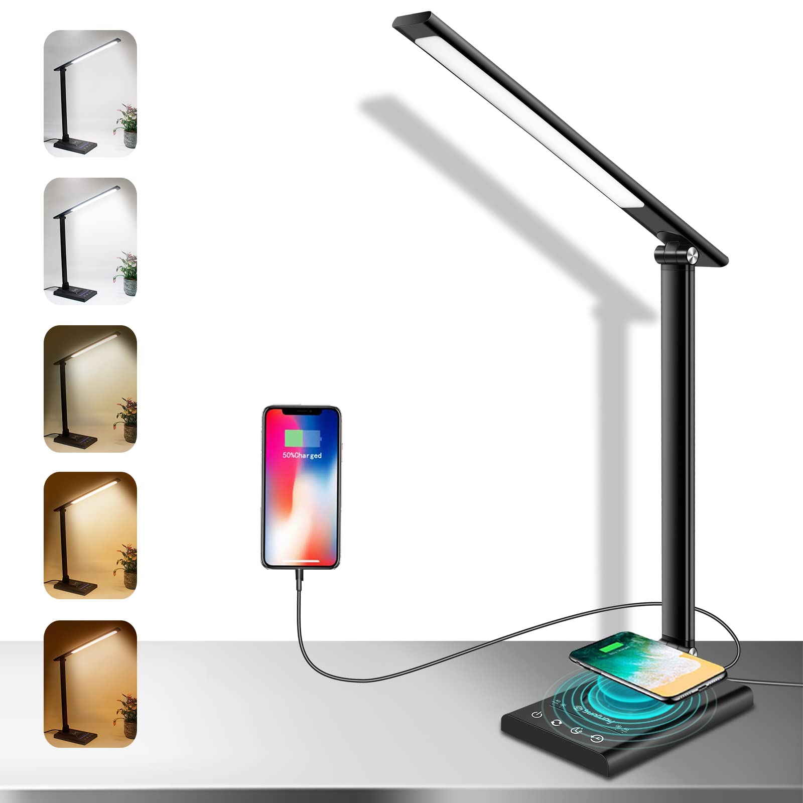 LED Desk Lamp with Fast Wireless Charger & USB Charging Port, 12W Table Lamp with 35 Adjustable Lights, Touch Control & Memory Function, Led Desk Light for Home Office, Reading, Studying (Black)