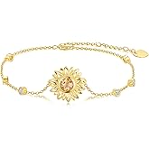 Reaii Sunflower Bracelet for Women 925 Sterling Silver Natural Citrine Sunflower Bracelets Jewelry Gift for Mom Wife 7"+2" Extender