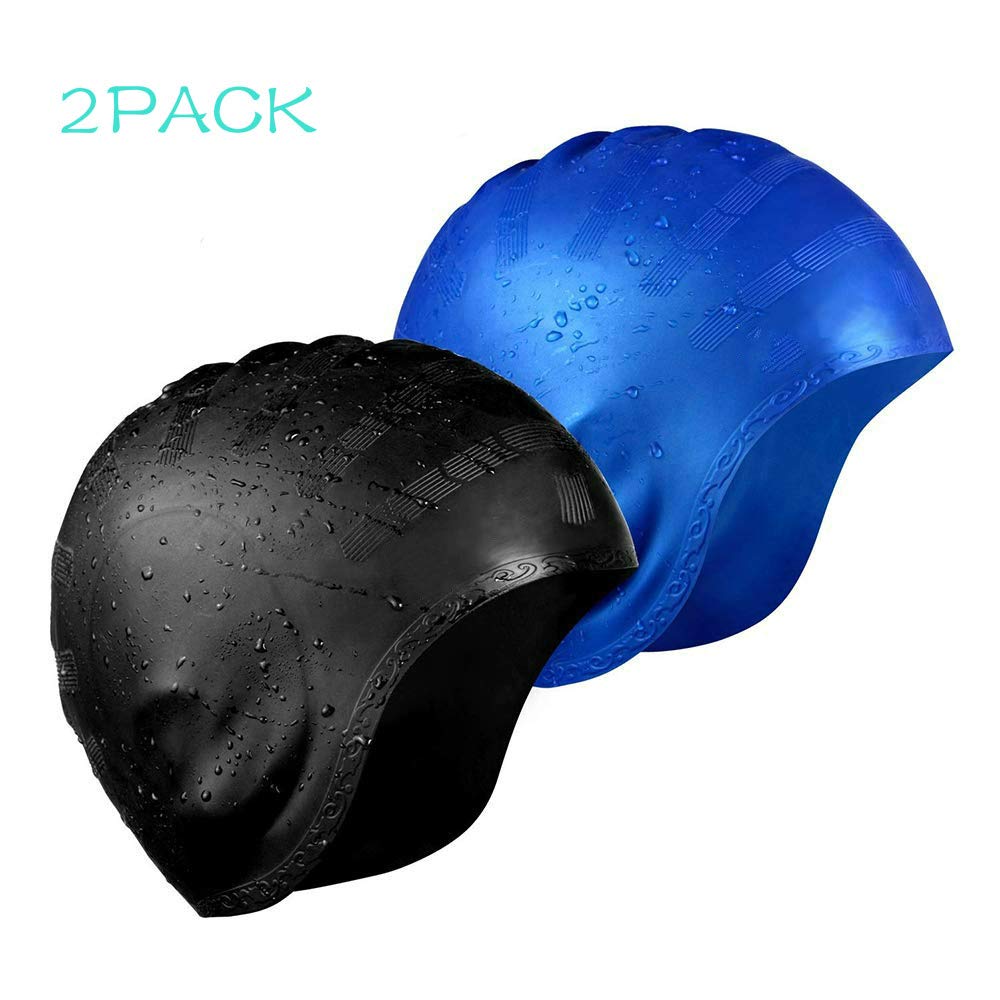 Yostyle Swim Cap, 2Pack Silicone Swimming Caps for Long Hair - 3D Ergonomic Design Swimming Hat for Women Kids Men Adults Boys Girls, Comfortable and Durable with Nose Clip & Ear Plugs - Black & Blue