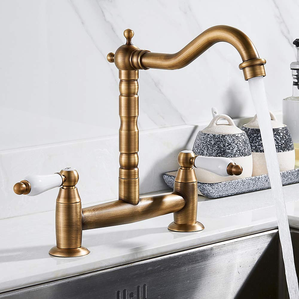 Bridge Mixer Tap, 2 Hole Kitchen Sink Tap - Traditional Swivel Spout Hot & Cold Faucet Chrome (Gold)