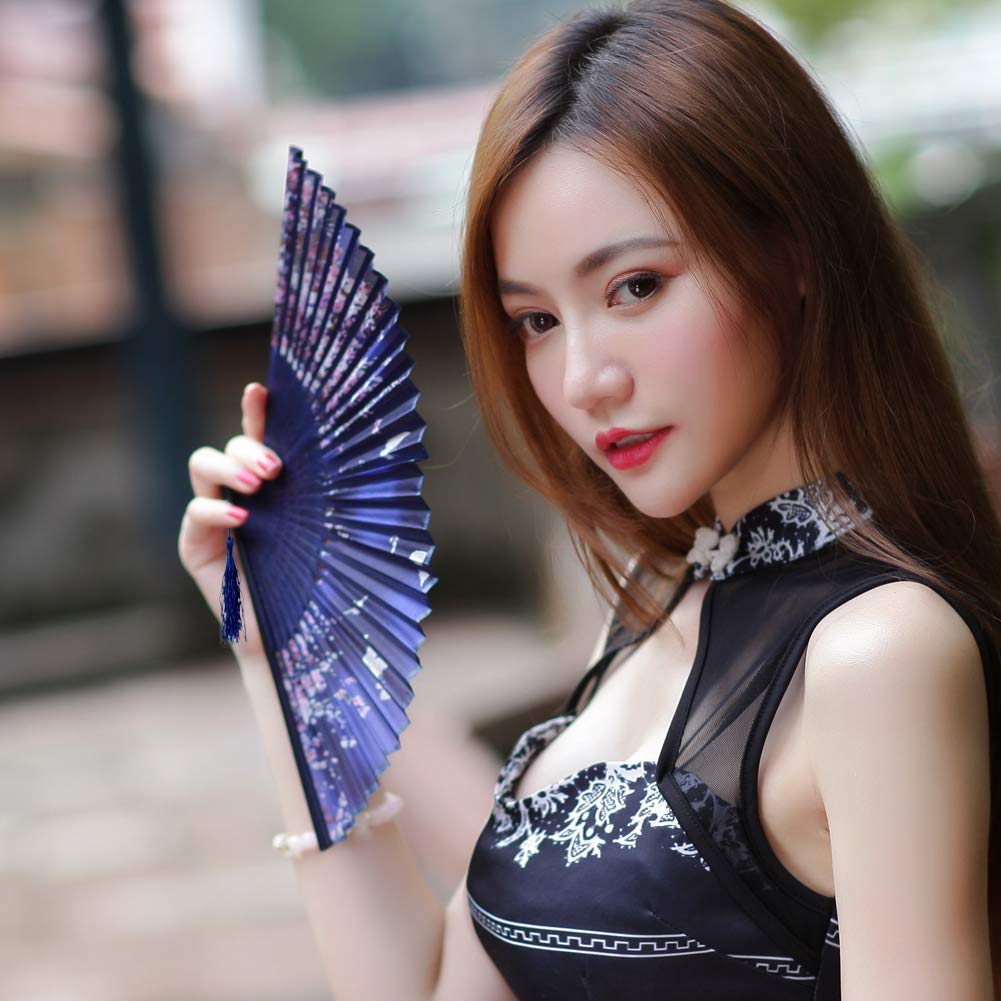 Floral Folding Hand Fan, AukCheire Vintage Handheld Lace Bamboo Silk Fabric Folding Fan with Different Flower Patterns Fabric Folding Fan for Wedding Dancing Party (2)