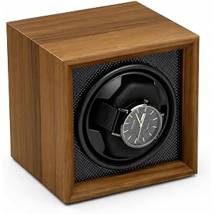 RQQM Automatic Single Watch Winder Box for Watches | Single Watch Rotator with Ultra-Quiet Motor, Walnut Wood Grain Case and