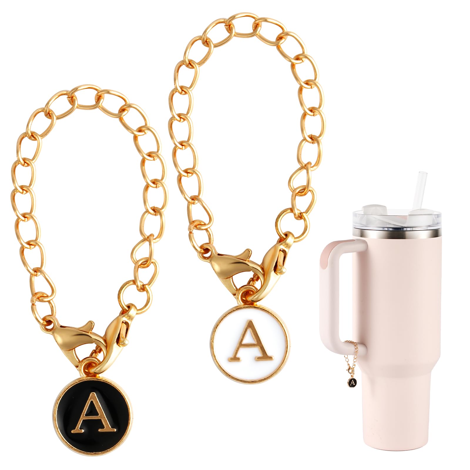 NQEUEPN 2pcs Letter Pendant Accessories for Stanley Cup, Initial Letter Handle Personalized Name ID Alphabet Pendant Chain for Stanley Tumbler (Letter A), gold, white, black