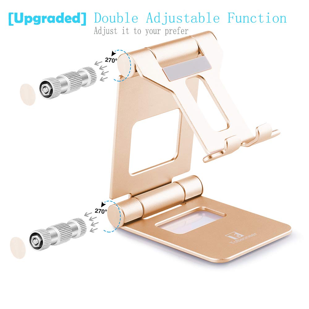 Cell Phone Stand Adjustable, ToBeoneer T8 Desk Phone Holder [Upgraded] Multi-Angle Phone Dock Thicker Wider Taller for All Mobile Phone Tablet [Up to 10 in] Home Office Décor Accessories, Gold
