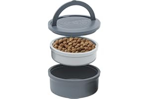 KindTail Portable Pet Feeder, Travel Dog Bowls with Lid and Handle, Microwave and Dishwasher-Safe, 10oz Inner Bowl & 20oz Outer Bowl, Grey