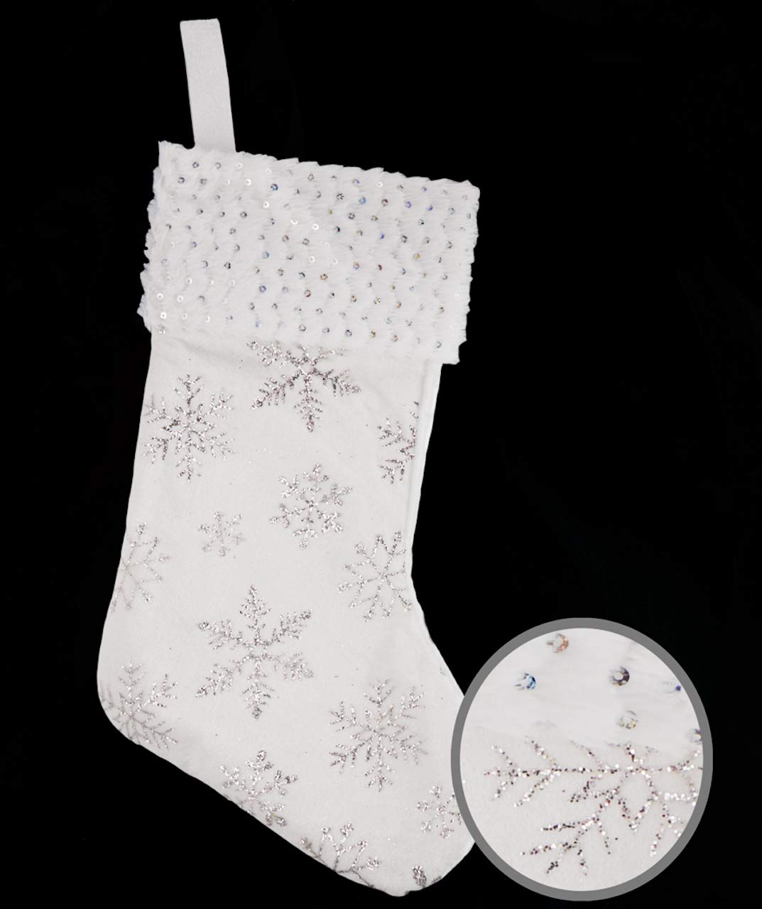 The Good Life White Velvet & Fur Christmas Stocking with Silver Glitter Snowflakes 43 x 24cm