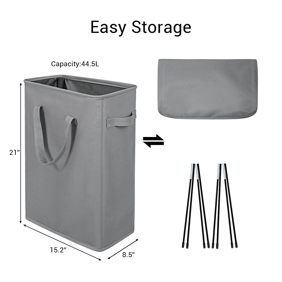 Chrislley Slim Laundry Basket Hamper Handy Foldable Bag Handle Collapsible Oxford Cloth Basket Bin Organizer 44.5L（Grey）