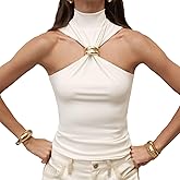 Women Halter High Neck Top Sexy Twist Front Metal Embellishment Tank Tops Sleeveless Hollow Out Fitted Cami Vests