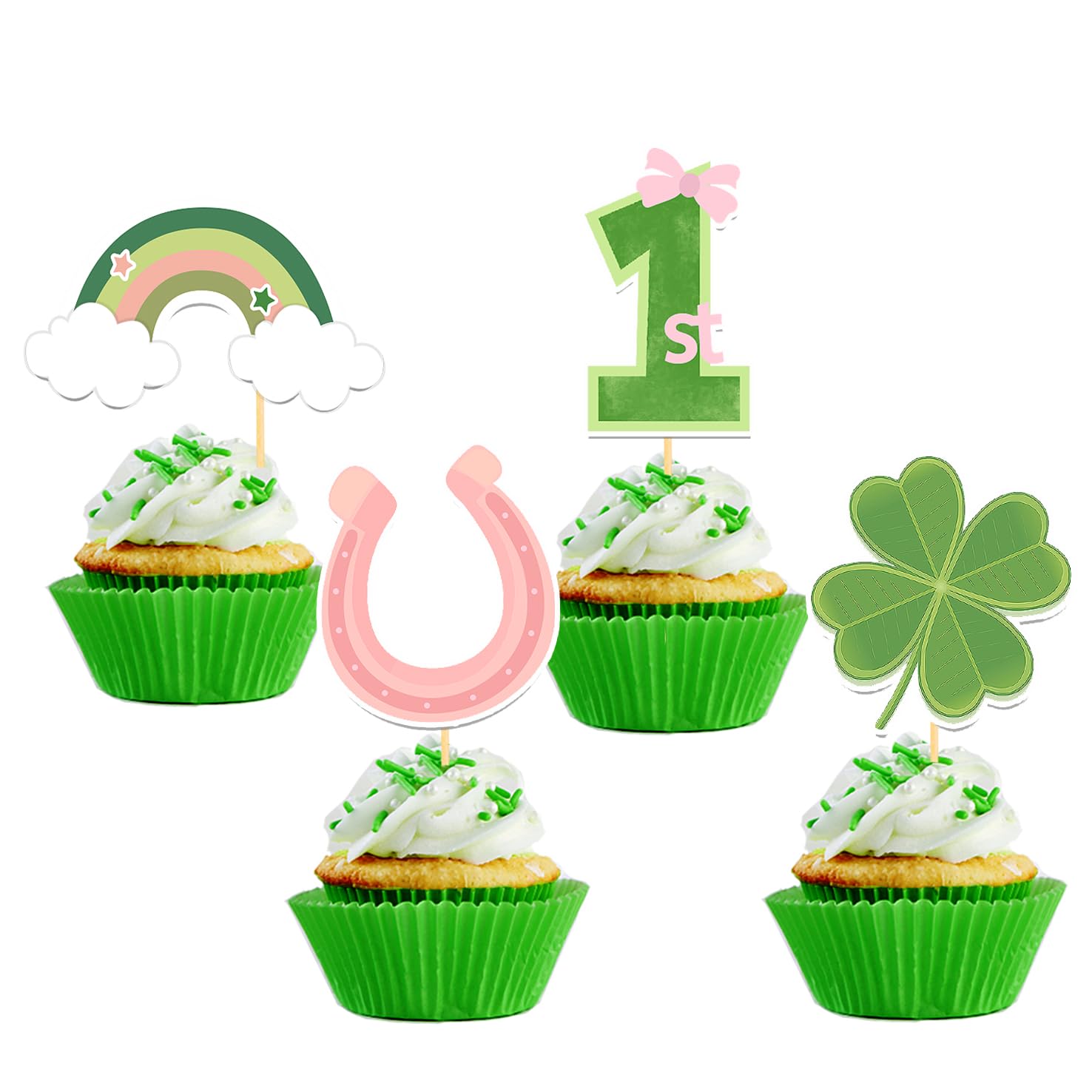 Photo 1 of 24Pcs St Patrick's Day 1st Birthday CupcakeToppers Baby Shower for St Patrick's Day Party Decorations, Four Leaf CloverOne Cupcake Toppers for First Birthday Party Decorations (1st pink)