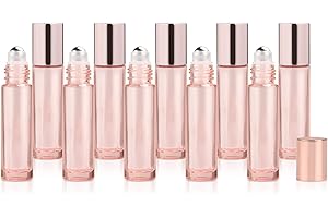 USRommaner 10ml Pink Glass Roll On Bottles,Empty Essential Oil Glass Roller Bottle With Stainless Steel Roller Balls,Rose Golden Cover Perfume Travel Roll-On Vial Lip gloss Tube Container-10 Pack