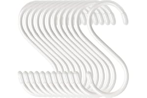 HiGift 12 Pack 5 Inch White S Hooks: Heavy Duty Steel, Rubber Coated, Non Slip, Rust Resistant, Hanging Hooks for Plants, Clo