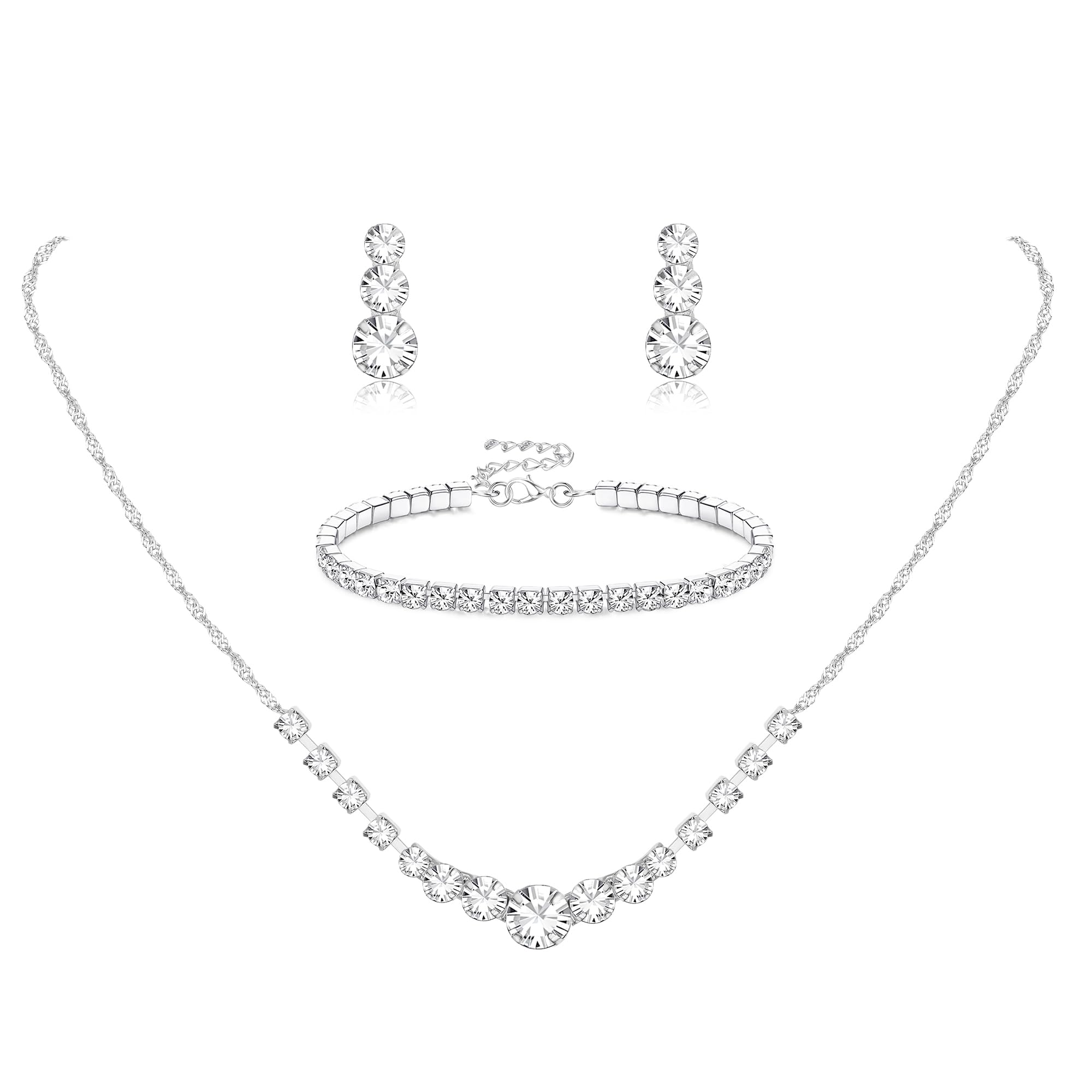 Photo 1 of Jstyle Silver Bridal Jewelry Set for Wedding Prom Simple Crystal Rhinestone Pendant Necklace and Earrings Sets for Bride Bridesmaids